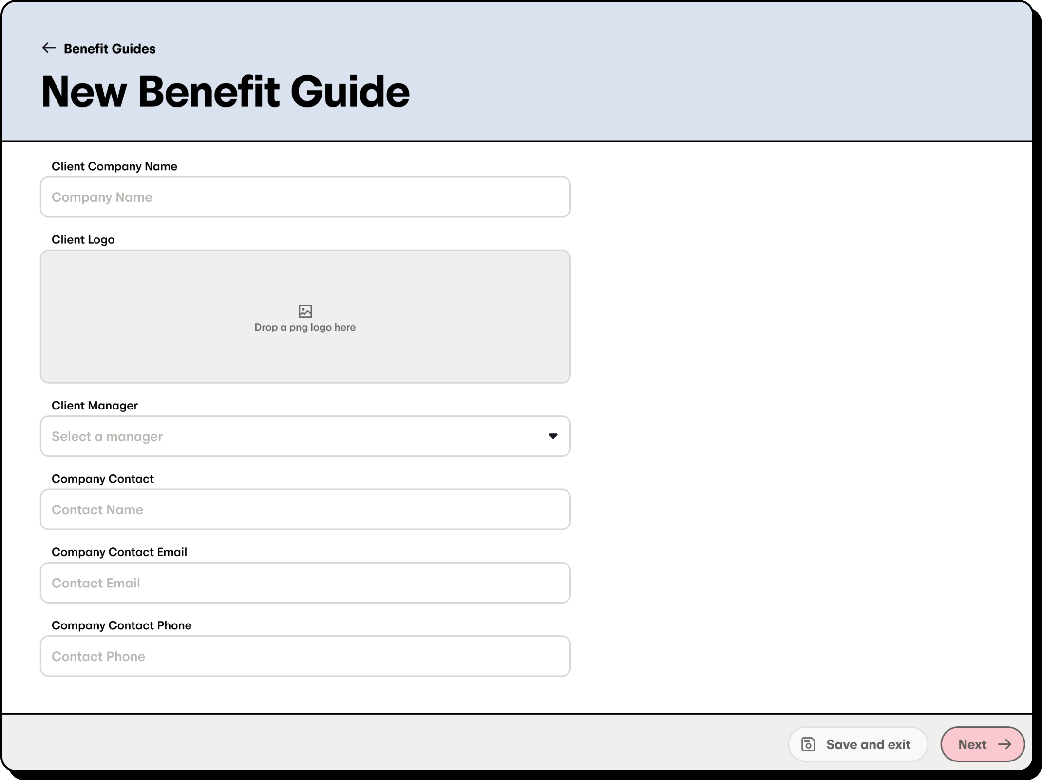 New Benefit Guide form interface